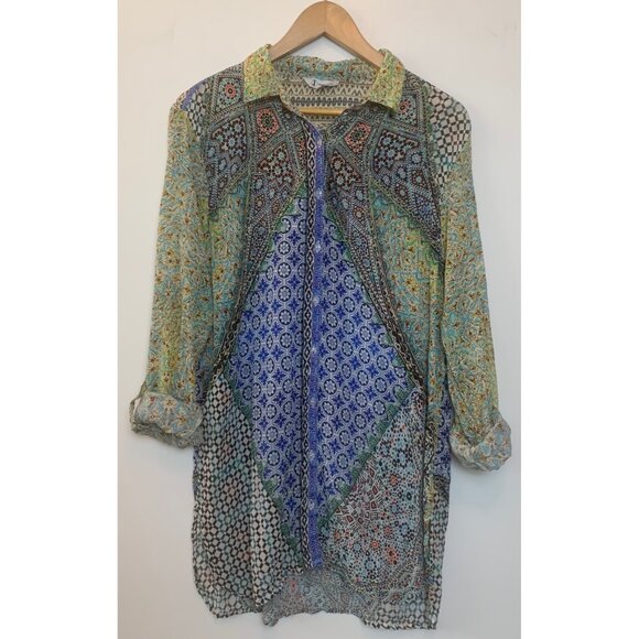 JAYSHREE DALAL Women's Tunic Colorful Mixed Pattern Roll Tab Sleeve Gems Sz L/XL - Picture 1 of 11